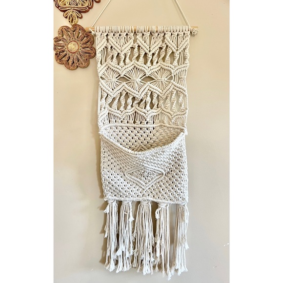 Boho Macrame Fringe Pocket Wall Hanging Cotton Natural Fiber Home Decor - Picture 1 of 10